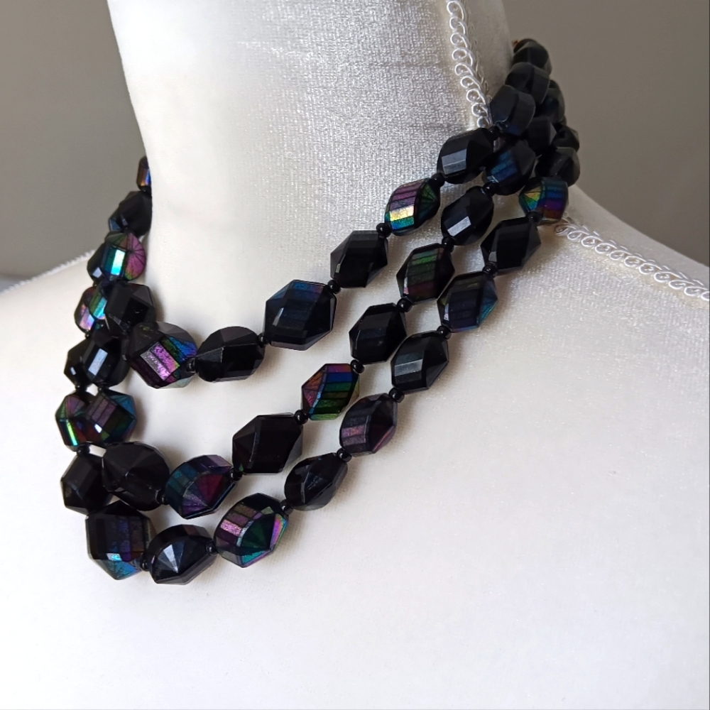 West Germany Vintage 50s Iridescent Faceted Triple Strand Necklace